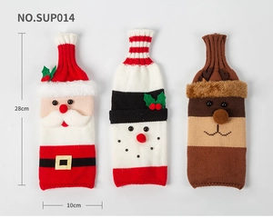 Knitted Christmas wine bottle covers featuring Santa, snowman and reindeer designs