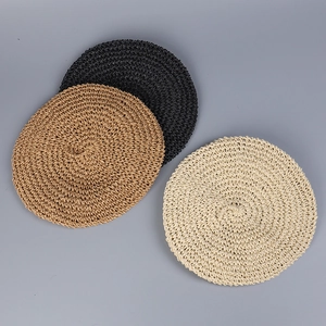 Handmade woven straw beret hats in black, khaki, and beige colors for summer vacation