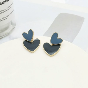 Chic S925 silver needle layered blue and black heart earrings with gold edges