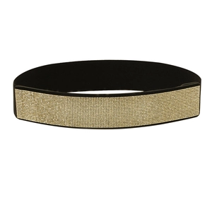 Close-up of sparkling gold rhinestones on a black elastic wide waist belt for women