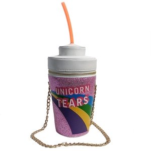 Rainbow sequin crossbody bag in soda cup shape with Unicorn Tears graphic and chain strap