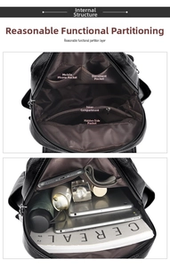Internal compartments of black leather backpack showing high capacity for tablets and books