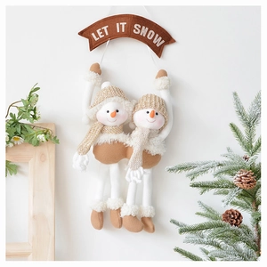 Detail of Let It Snow snowman plush pendants with knit scarves for Christmas decor