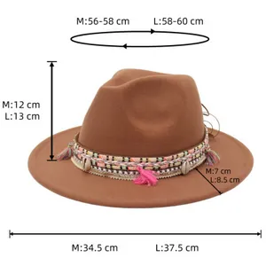 Size guide for brown felt fedora hat featuring ethnic shell and tassel decoration