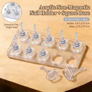 Detailed view of 10 transparent acrylic nail stands and a square base with size dimensions