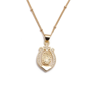 Gold plated Virgin Mary medal pendant necklace with sparkling horseshoe frame