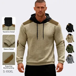 Men Long Sleeve Hoodie Waffle Jacquard Texture Color Block Patchwork Loose Fit Casual Sweatshirt With Drawstring Hood