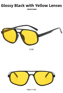 Detailed views of irregular double-bridge sunglasses with bright black frame and yellow lens