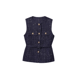 Navy blue tweed sleeveless vest with sequins and gold buttons including a matching belt