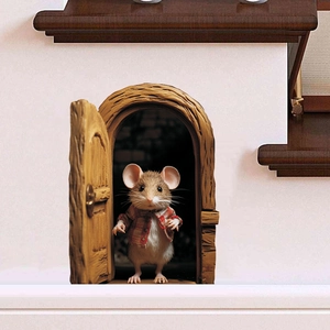 Sticker mural 3D trou de souris avec souris mignonne et porte en bois décorative