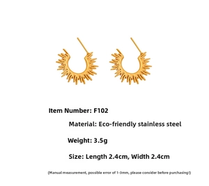 Detail specifications of golden sunflower C-shaped earrings in stainless steel
