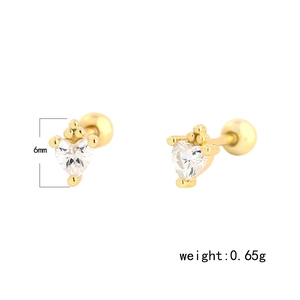 Exquisite S925 silver heart stud earrings with sparkling cubic zirconia in 14K gold finish