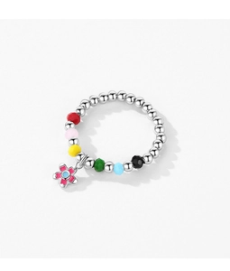 Close-up of S925 silver beaded ring with colorful beads and a sweet flower pendant