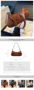 Detailed size chart for retro crescent bag with measurements and color options