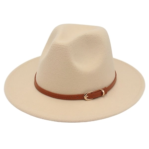 Elegant beige wool fedora hat with a brown leather belt and golden buckle detail