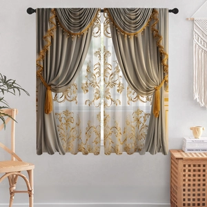 Detail of luxury European grey blackout curtains with gold embroidery and fringed valance