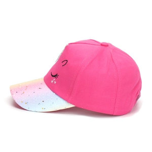 Detail of rose pink children's cap with glitter rainbow brim and star embroidery