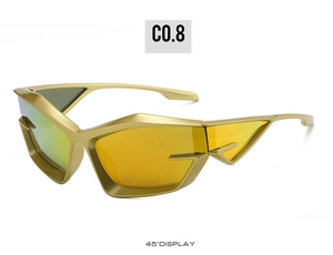 Futuristic golden cat-eye sunglasses with sharp geometric frames and orange mirrored lenses