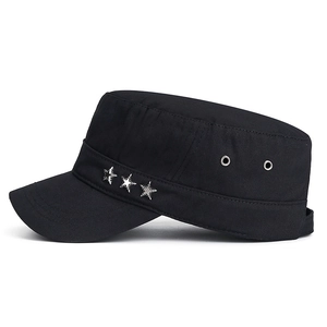 Men's black cotton cadet cap featuring silver metal star studs and adjustable strap