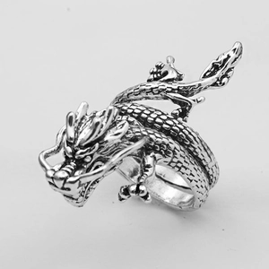 Detailed macro view of retro dragon scale texture and claws on a silver ring