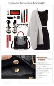 Detail of magnetic buckle closure and embossed logo on contrast tote bag