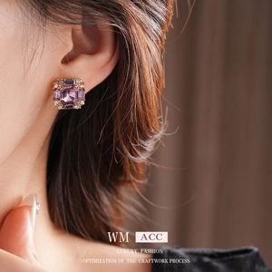 Vintage silver square studs with purple octagonal gemstones and sparkling crystals