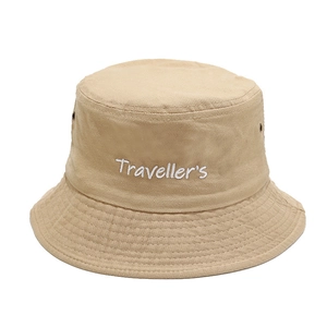 British style khaki cotton bucket hat with white Traveller's embroidery and metal eyelets