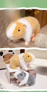 Detailed view of plush guinea pig dolls in realistic white, yellow, and grey faux fur