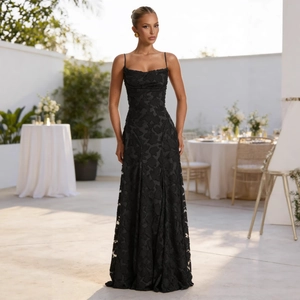 Elegant black floral jacquard maxi evening dress with spaghetti straps for formal parties