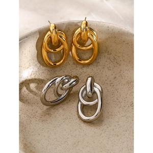 Minimalist 18k gold and silver stainless steel intertwined hollow hoop earrings set