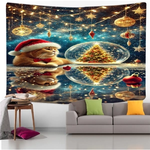 Detail of Christmas wall tapestry showing a cat with glowing crystal ball on fabric