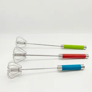 Detailed set of three semi-automatic rotating whisks with colorful non-slip handles