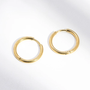 Minimalist golden hoop earrings for non-pierced ears in high-gloss polished stainless steel