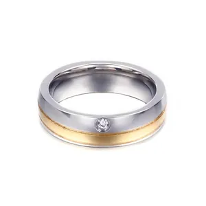 Bague En Acier Inoxydable Avec Zircon Incrusté Bicolore Anneau Minimaliste Simple Bijoux Tendance Hommes Femmes
