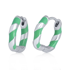 Silver twisted hoop earrings with green enamel spiral pattern for a minimalist style