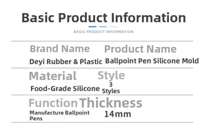 Detailed chart showing specifications for 14mm thick food-grade silicone ballpoint pen molds