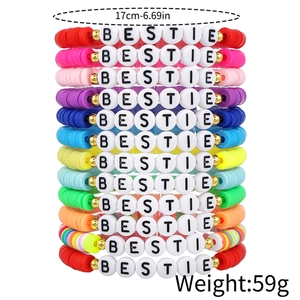 Set of 12 colorful Y2K bohemian style stacked clay disc bracelets with BESTIE charms