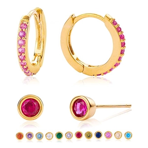 Detail showing gold hoop earrings with pink gemstones and various birthstone color options