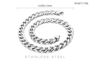 Detailed view of silver stainless steel cuban link chain with size and weight specs