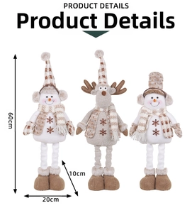 Vista dettagliata di pupazzi di Natale in peluche con misure specifiche di 60x20x10cm