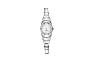 Close-up of silver ladies watch with sparkling rhinestones and white quartz dial