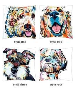 Set of four square pillow covers with colorful artistic digital dog breed illustrations