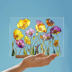 Detailed view of colorful acrylic floral plaque with poppies and wooden base