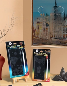 Detailed view of city landmark scratch art bookmarks set with a stylus tool