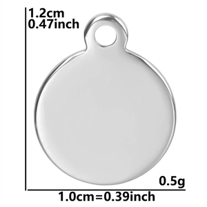 Detailed size chart of a 1.2cm silver stainless steel round pendant with weight 0.5g
