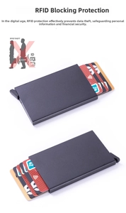 Detailed view of black aluminum RFID blocking minimalist card holder with popup mechanism