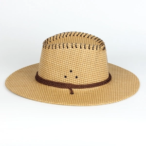 Detail of woven straw cowboy hat with dark stitching, ventilation holes, and twisted cord