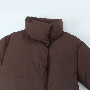 Short chocolate brown puffer jacket with high stand collar and matte nylon fabric finish