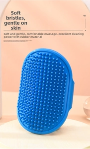 Macro shot of soft blue rubber bristles on a pet grooming brush for dogs and cats