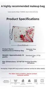 Detail view of fine linen cosmetic bag with rose patterns, size specs 17x25cm